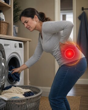 Woman grimacing in pain while doing laundry at home, reaching into washing machine and clutching lower back. Red glowing circle highlights intense backache, strain or injury. Health problem layout