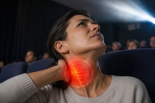 Young woman grimacing in pain in cinema seat, clutching her sore neck. Red glowing circle highlights intense neck ache, strain or muscle tension. Female viewer medical health problem concept layout