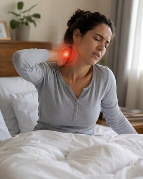 Young woman grimacing in pain in bed, clutching back of her neck. Red glowing circle highlights intense neck ache, cervical stiffness or muscle spasm. Female patient health issue concept layout