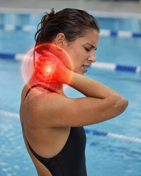 Young woman grimacing in pain at swimming pool, clutching back of her neck. Red glowing circle highlights intense neck ache, muscle strain or cervical spasm. Female swimmer health problem concept layo