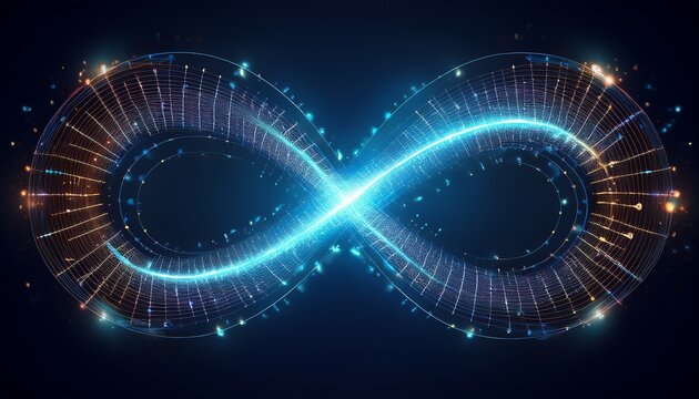 a graphic of an infinite symbol made from glowing data points and lines representing the endless flow of information in artificial intelligence on a dark blue background