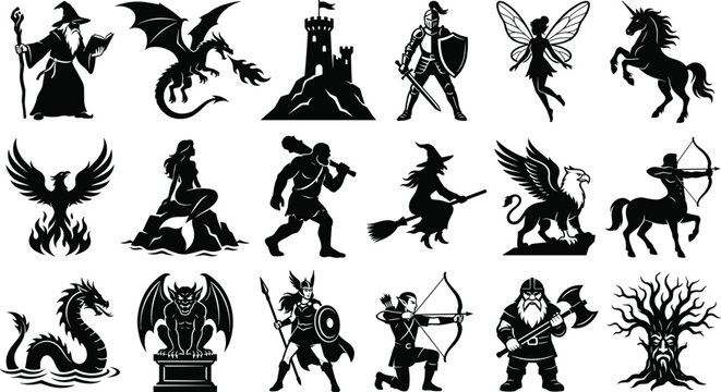 Fantasy Mythical Creatures and Medieval Character Silhouette Vector Bundle with Dragons Wizards Knights and Magical Icons
