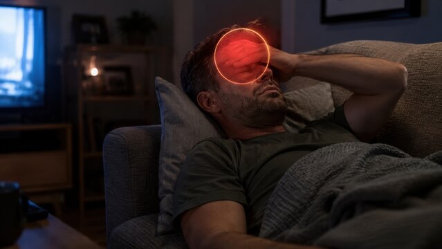 Man grimacing in pain on sofa at night, holding his forehead. Red glowing circle highlights intense headache, migraine or fever. Male patient health problem medical concept layout in living room
