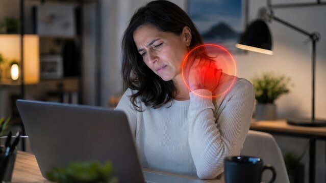 Young woman grimacing in pain at desk, clutching her neck or shoulder. Red glowing circle highlights neck ache, tension or muscle strain. Female freelancer health problem concept layout at home