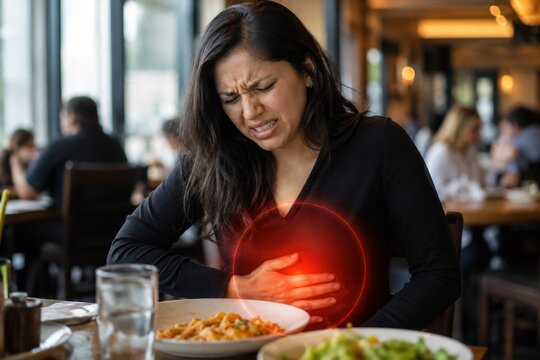 Young woman grimacing in pain at restaurant table, holding her stomach. Red glowing circle highlights stomach ache or food poisoning. Female customer health problem medical concept layout