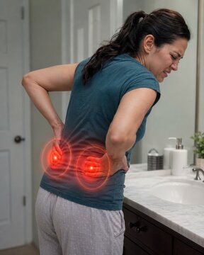 Woman grimacing in pain in bathroom, leaning over sink and holding lower back. Red glowing circles highlight intense backache or kidney pain. Female health problem medical concept stock layout