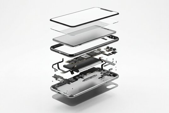 Detailed exploded view of a modern smartphone showing screen, battery, motherboard and internal components in clean perspective. Ideal for technology, repair, engineering and mobile design concepts.