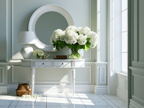 Bright room with a table, flowers, lamp, and mirror during daytime in a cozy space