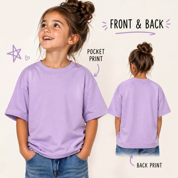 Blank purple oversized t-shirt mockup on cute girl, front and back view with layout text. Children apparel template for clothing design presentation, custom print branding marketing display