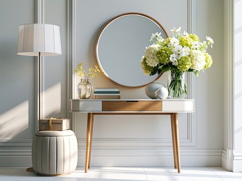 Modern table setup with vase, lamp, and mirror in a well-lit room during daytime