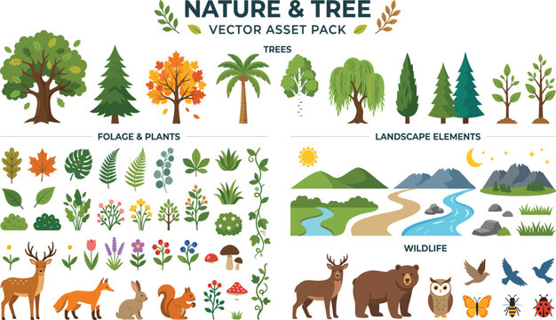 Comprehensive nature vector asset pack featuring various trees, foliage plants, forest wildlife animals, mountains, rivers, and landscape elements for outdoor environment design and illustration.