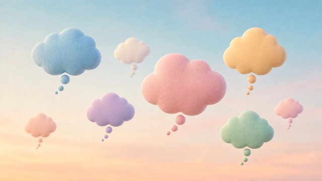 Abstract thought bubbles floating against a gradient sky, representing ideas and creativity.