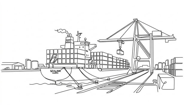 Minimal one line cargo ship at harbor unloading terminal vector icon
