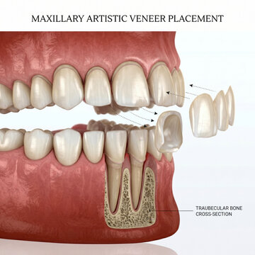 3D medical illustration of dental implant placement showing screw fixture in jawbone, abutment and crown. Restorative dentistry, surgical procedure and tooth replacement concept layout