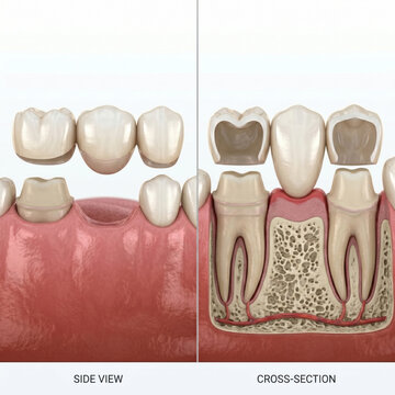 3D medical illustration of dental bridge placement showing side view and cross-section over prepared teeth and gums. Restorative dentistry, prosthetic appliance and procedure layout