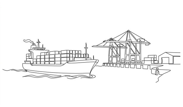 Single line cargo ship entering port maritime transport vector icon