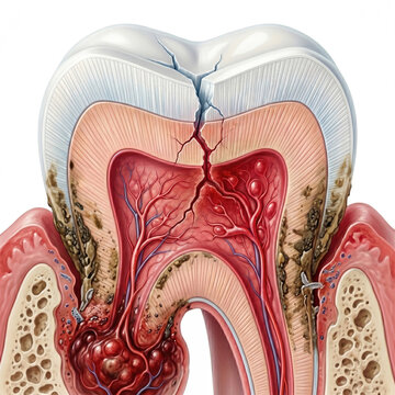 Medical cross-section illustration of cracked tooth with severe pulp inflammation, deep decay and root tip abscess. Dental disease, cavity infection and severe toothache concept layout