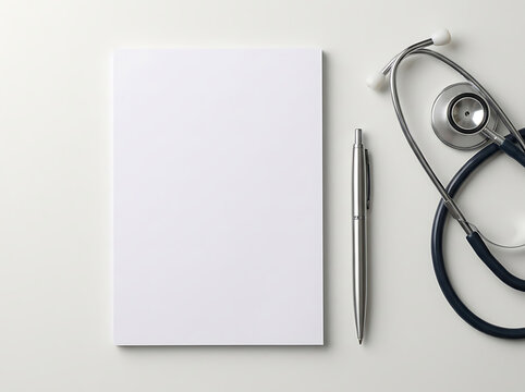 Blank medical prescription pad mockup and stethoscope on white doctor desk, flat lay top view with copy space for healthcare background