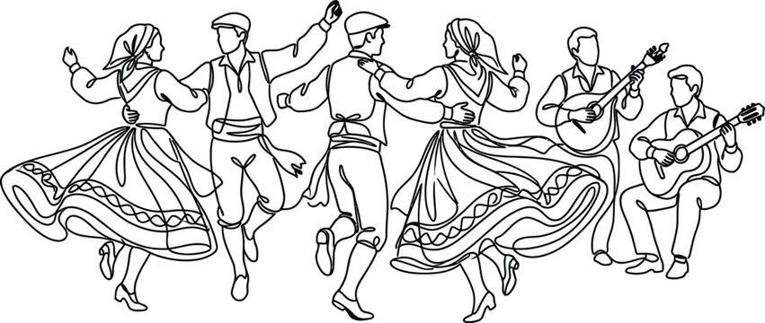 Traditional Folk Dance Group Performing Lively Music with Guitar and Mandolin