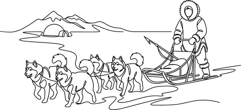 Dog Sledding Expedition Arctic Landscape with Igloo and Mountains