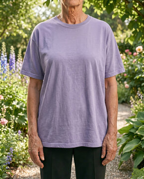 Outdoor portrait of man wearing blank purple oversized t-shirt mockup, commercial clothing template in blooming summer garden with flowers