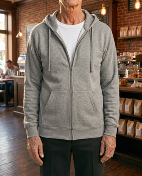 Indoor portrait of man wearing blank grey zip up hoodie mockup, commercial apparel template inside coffee shop cafe with blurred background