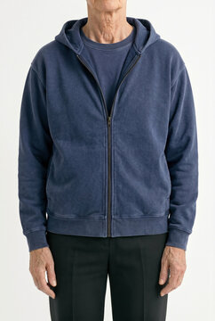 Navy blue zip up hoodie mockup. Fleece hooded sweatshirt jacket on model, minimalist casual style apparel presentation, blank cotton clothing template for design display.