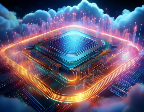 a futuristic processor chip emerging dynamically from vibrant digital clouds representing the cutting edge integration of cloud computing and advanced technology systems
