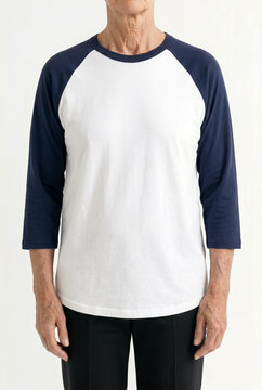 White and navy blue raglan baseball t-shirt mockup. Crewneck 3/4 sleeve tee on model, minimalist casual style apparel presentation, blank cotton clothing template for design display