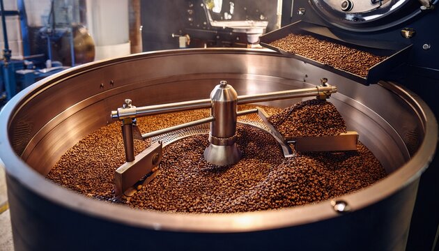 coffee beans roasting in a commercial roaster with beans cooling in a circular tray industrial coffee production process