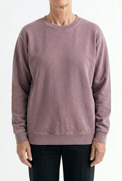 Dusty mauve crewneck sweatshirt mockup. Long sleeve pullover sweater on model, minimalist casual style apparel presentation, professional blank cotton clothing template for design display