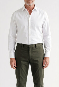 Studio portrait of mature man wearing blank white dress shirt mockup and olive green trousers, commercial template on white background