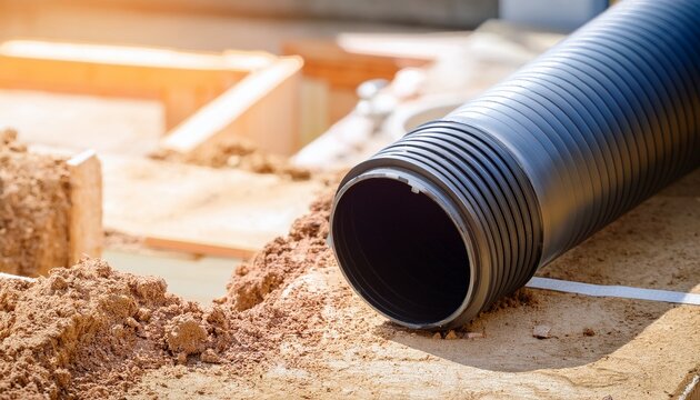 installation of a sewage plastic pipe during the construction of a house creative banner copyspace image