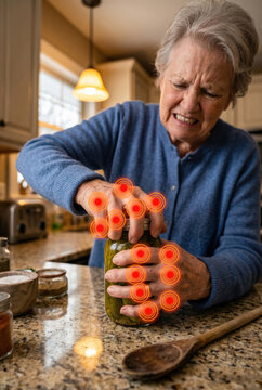 Senior woman suffering from joint pain trying to open jar with visualized red ache points arthritis hands medical concept
