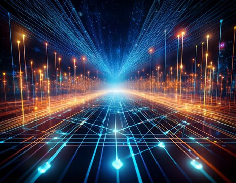 quantum communication network with quantum bits transferring encrypted data between quantum nodes illuminated by light trails on a dark grid
