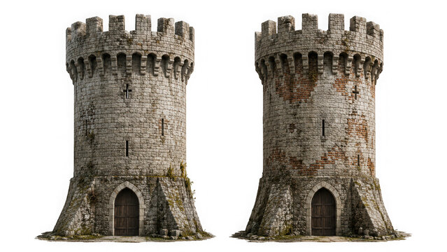 Two medieval stone castle towers with wooden gates as PNG asset isolated on transparent background