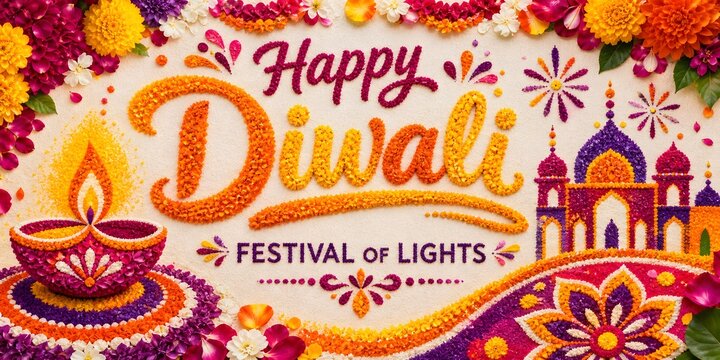 Floral Petal Art Happy Diwali Festival Greeting Design with Rangoli and Traditional Motifs
