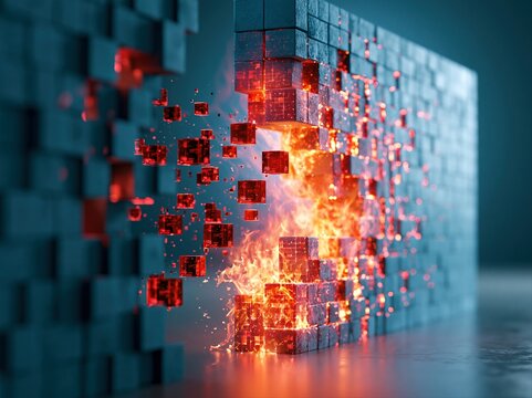 Visual display of blocks breaking apart and fire emerging from the structure in a creative design setting