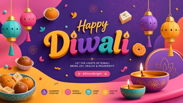 Colorful 3D Happy Diwali Greeting Banner with Festive Sweets, Lanterns and Decorative Diyas