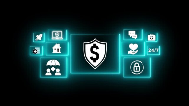 Neon Shielding from financial risk and protecting investment concept with businessman stacking coins and digital shield icon, symbolizing financial security, wealth protection, and economic stability