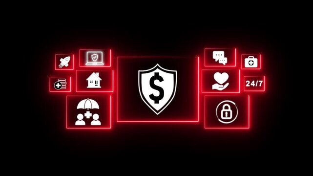 Neon Shielding from financial risk and protecting investment concept with businessman stacking coins and digital shield icon, symbolizing financial security, wealth protection, and economic stability