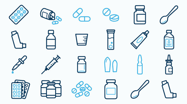 Diverse Set of Pharmaceutical and Medication Icons for Health and Wellness