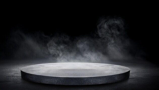 podium black dark smoke background product platform abstract stage texture fog spotlight dark black floor podium dramatic empty night room table concrete wall scene place display studio smoky dust