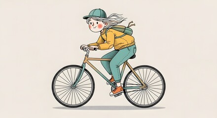 Obraz premium Active transportation and eco-friendly travel. Sustainable commuting and physical fitness. Young woman with a backpack riding a bicycle to work or school in a flat illustration style.