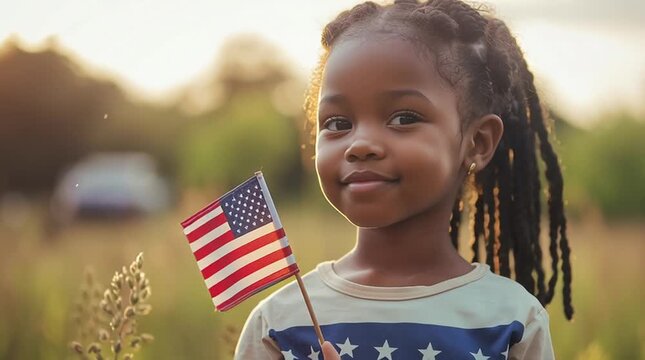 Smiling young girl holding a small American flag outdoors at sunset, gently waving it in the breeze. Patriotic childhood, national pride, freedom, community celebration, and Independence Day concept.