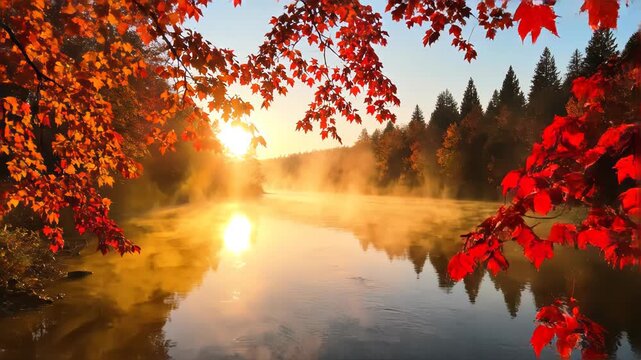 Vibrant red and orange autumn leaves frame a misty river at golden sunrise