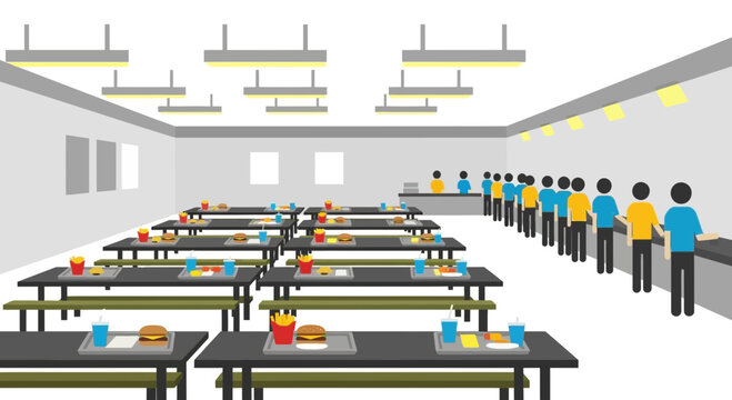 Busy Cafeteria Lunch Line and Dining Tables with Food Trays
