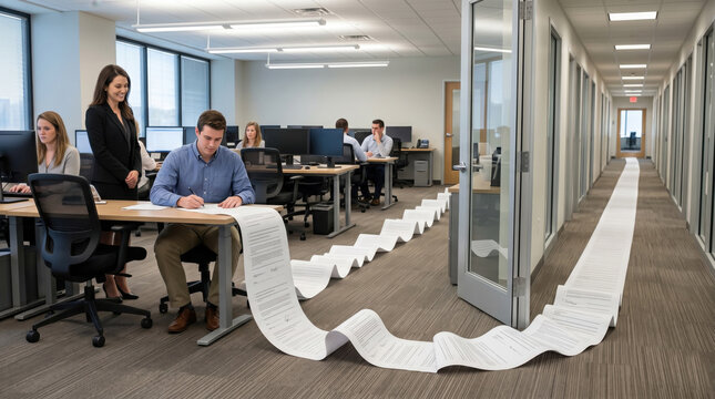 Funny concept photo of businessman sitting at office desk looking at endlessly long task list or document stretching down corridor. Humorous take on heavy workload, bureaucracy, and overtime