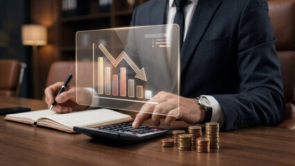 Obraz premium Businessman using calculator with holographic falling chart and coins showing financial loss business decline declining revenue economic recession budget crisis and downward profit analysis technology