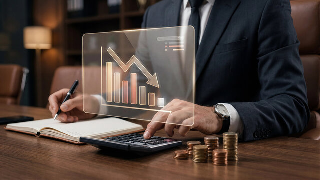 Businessman using calculator with holographic falling chart and coins showing financial loss business decline declining revenue economic recession budget crisis and downward profit analysis technology